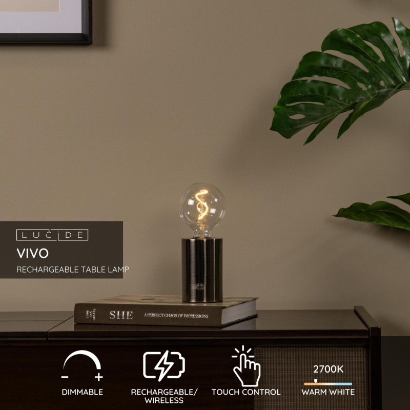 Lucide VIVO - Rechargeable Table lamp - Battery pack - Ø 8 cm - LED Dim. - E27 - 1x1W 2700K - Satin Gun Metal